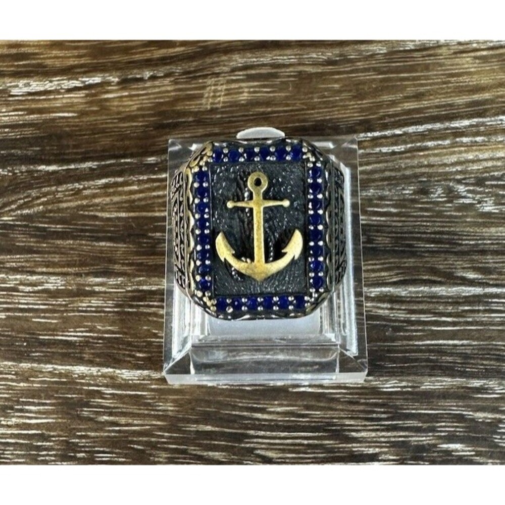 Handmade Sterling Silver Vermeil w/Blue CZ Anchor Nautical Navy Signet Ring 8.5